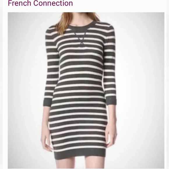 ✨French Connection Classic Wool Blend Gray Stripe Sweater Dress Short Pullover - Picture 1 of 8